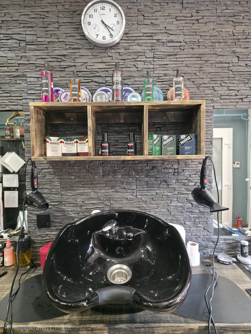 Polica s pánskou kozmetikou a produktmi na styling v Barber Shop MF